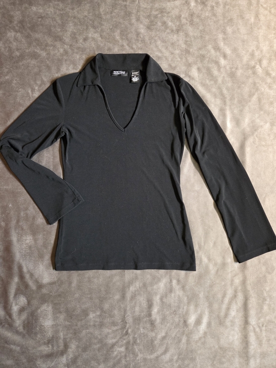 New York & Company Tops - New York & Company Black Johnny Collar V-Neck Long Sleeve Top — Size XS